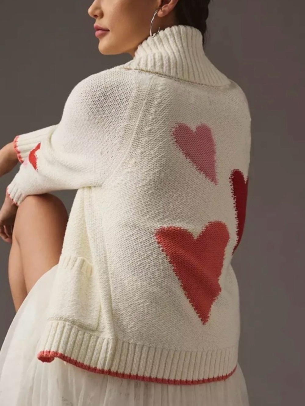 Anthropologie Maeve Heart Cardigan Sweater, Cream / Pink / Red, XSP - Picture 3 of 9
